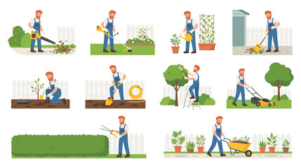 Fototapeta premium Male gardener performing various backyard maintenance activities.