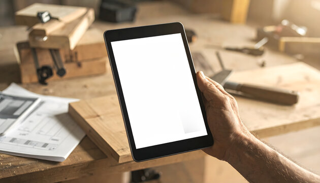 Rough work worn hands holding tablet showing simple invoice layout creating capable honest mood generative AI