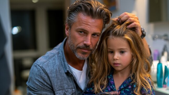 A father tenderly styles his young daughter's hair at home, emphasizing familial love in a soft background.