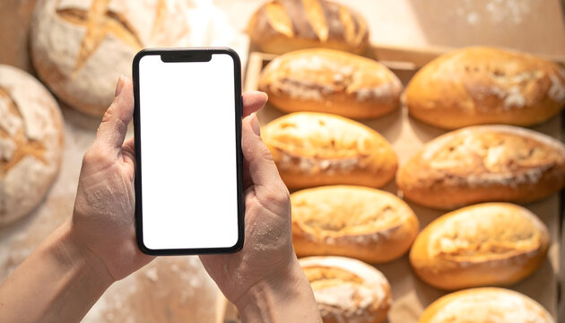 Floury baker hands holding smartphone showing plain order screen creating warm early morning mood generative AI