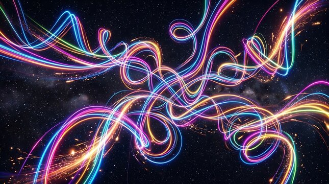 Abstract background featuring vibrant glowing neon light trails swirling in a dark space creating a dynamic sense of motion and digital energy