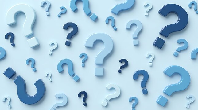 Arrangement of question marks in varying sizes and shades of blue and white against a soft blue background representing exploration and seeking answers.