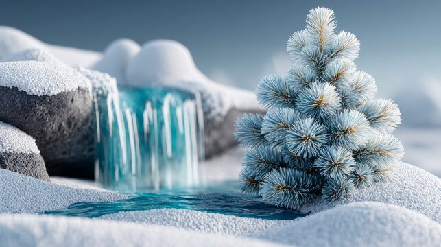 Serene winter landscape with snow-covered pine tree and small waterfall in a frozen stream