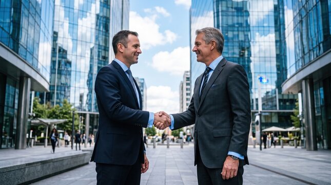 Two businessmen shaking hands photo in a modern urban corporate district