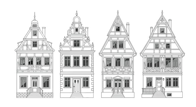 Detailed architectural line art drawings of traditional European historic houses with half-timbered facades.