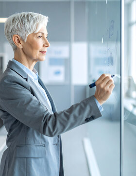 Senior businesswoman writing on glass board with diagrams creating competent calm mood generative AI