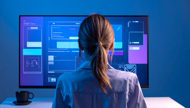 Focused woman designer working at wide monitor showing soft abstract AI interface creating modern calm mood generative AI
