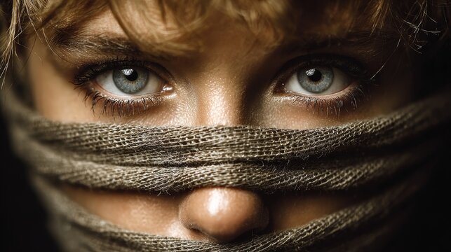 Close-up of a person with striking blue eyes staring intensely while bound by rough fabric against a dark background.