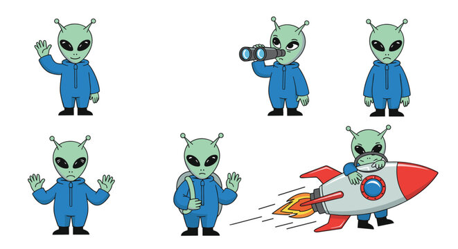 Collection of green alien characters wearing blue jumpsuits in various activities like waving, using binoculars, and flying a rocket ship.