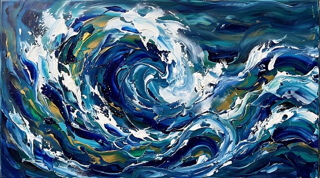 An expressive abstract oil painting depicting a powerful stormy ocean wave crashing with vibrant blue and green colors and energetic brushwork style