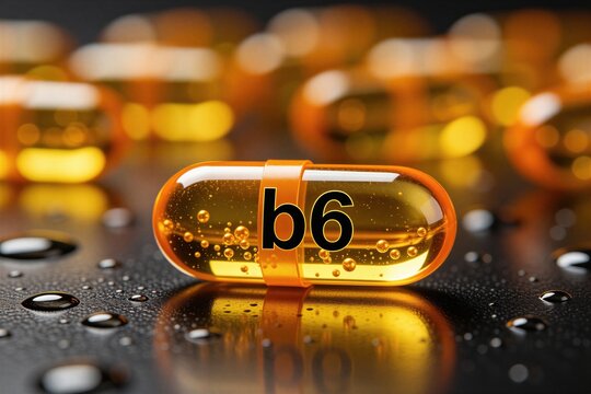 Orange B6 vitamin capsule with liquid inside, reflects light on wet surface. Closeup macro shot of supplement pill with bubbles. Product for health and wellness.