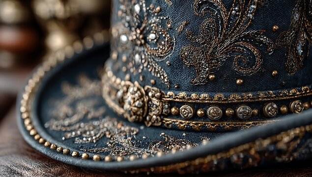 Close-up of ornate black and gold embellished hat with rhinestones and beads black hat