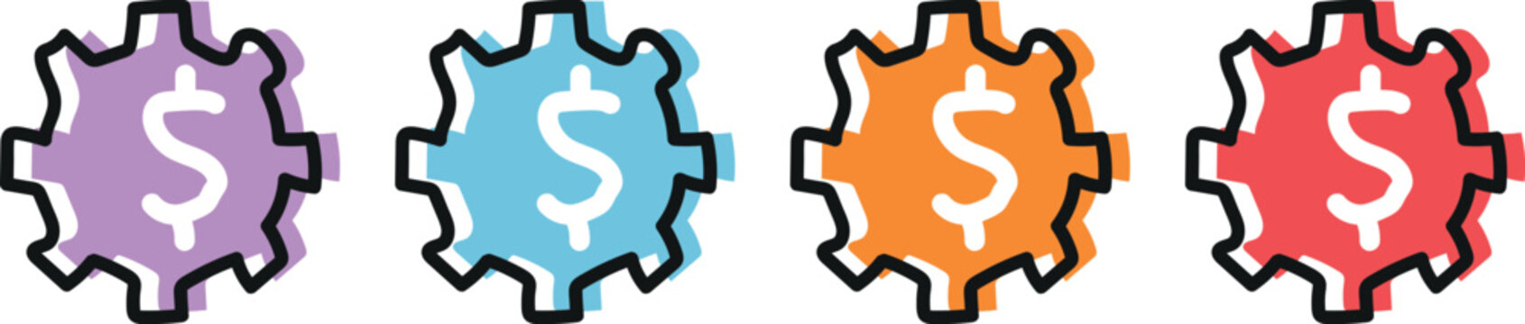 Four vibrant flat-style gear icons featuring dollar signs and a subtle drop-shadow effect. The icons are presented in purple blue orange and red suitable for financial technology or business