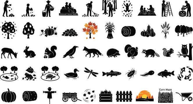 Collection of black silhouette icons representing autumn harvest farm life animals and seasonal nature elements for fall festive design projects and creative graphics