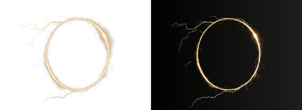 Abstract glowing golden lightning ring split on white and black background. Luxury gold energy circle frame with thunder strikes and spark trails.