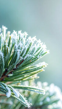 Icy crystals on pine needle cluster showing fine frost coating with crisp evergreen mood generative AI