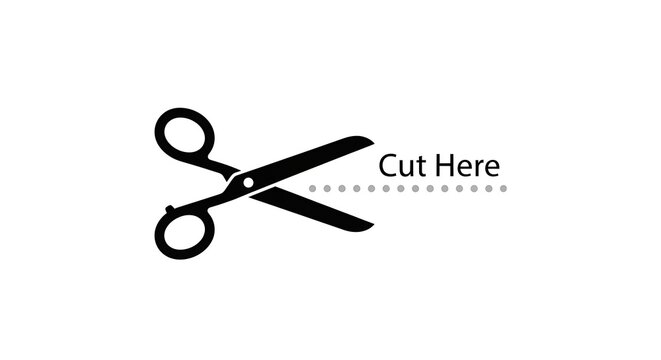 Black scissors on white background with cut line.