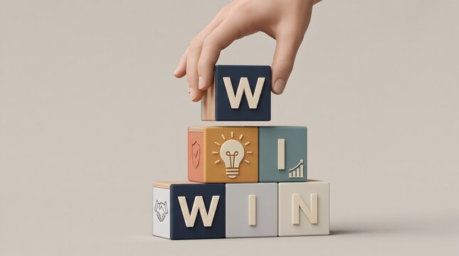 B2B partnership agreement concept featuring hand building win-win corporate strategy blocks with business icons