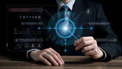 Obraz premium A businessman wearing a suit and tie interacting with a futuristic holographic interface, displaying glowing blue data points and circular patterns
