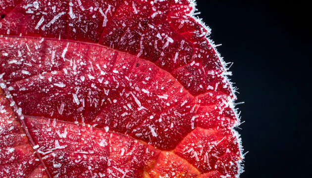 Delicate ice crystals forming on red autumn leaf showing crisp fresh winter mood generative AI
