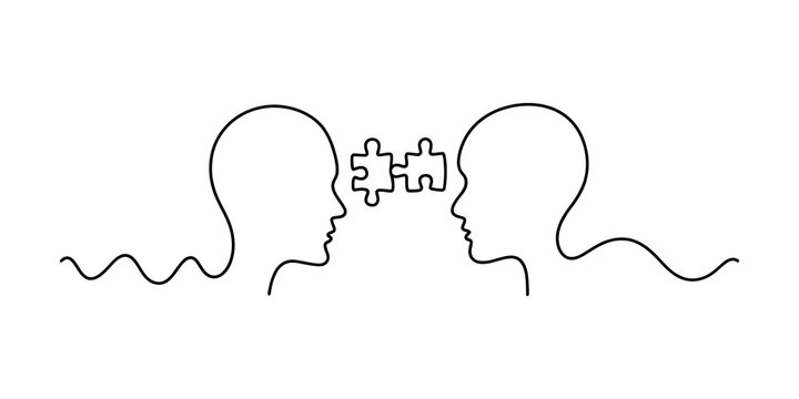 Two human heads connecting with puzzle pieces in a simple line drawing
