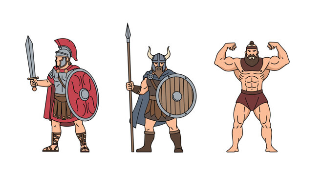 Ancient historical warriors including a Roman legionary, a Viking with a shield, and a muscular bodybuilder.
