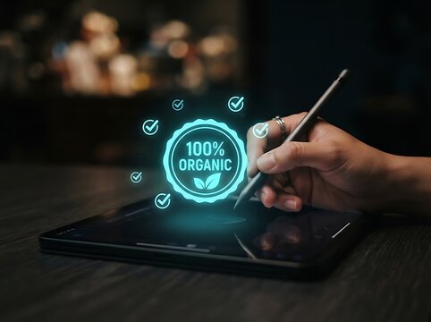 Hand using stylus on tablet displaying glowing 100 percent organic badge with checkmarks digital technology