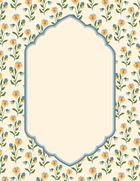 Elegant mughal ornate floral frame banner, decorative border with repeating blossom motif background for invitations and certificates blank card design