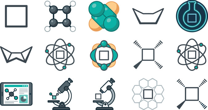 Science laboratory and molecular research icon set featuring atoms microscopes chemistry nanotechnology scientific analysis and innovation vector collection