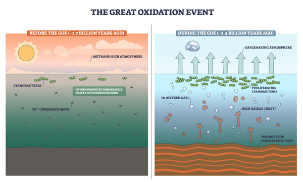 Great Oxidation Event outline shows Earths oxygen rise as cyanobacteria release O2, forming iron oxides and BIF layers, key elements, cyanobacteria, oxygen bubbles, banded iron,