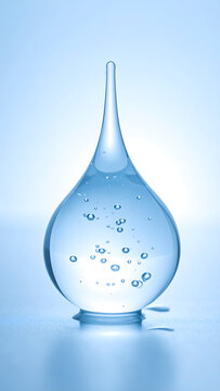 Hyaluronic gel drop with crystal clear dome containing tiny bubbles glowing softly in fresh hydrating mood generative AI