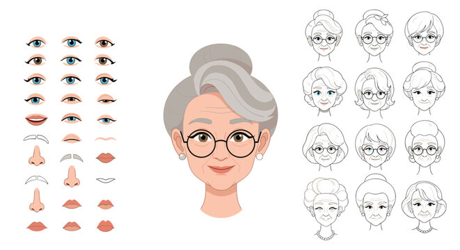 Elderly woman character constructor kit with multiple face variations, expressions, hair, and eye shapes.