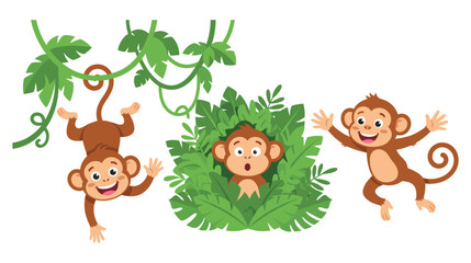 Three cute little playful cartoon monkeys hanging and jumping with joy.