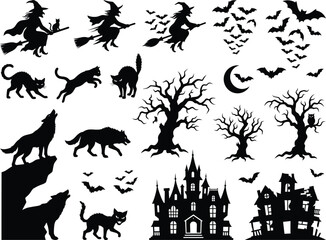 Fototapeta premium Halloween silhouette vector set, flying witch on broomstick, black cat, howling wolf, flying bats, haunted house, spooky tree clip art