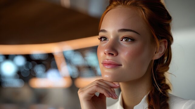 Focused Determination: A young woman with striking red hair and a thoughtful expression contemplates the future, her gaze fixed on unseen possibilities.