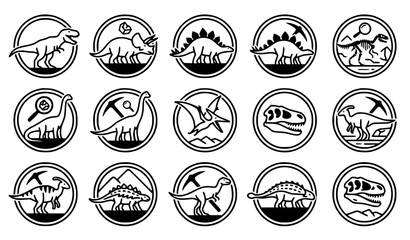 Clean line art generic prehistoric dinosaur emblem vector set with classic bold science badge retro T-Rex unbranded Triceratops studio and sweet jurassic graphics for apparel © Mdsahag