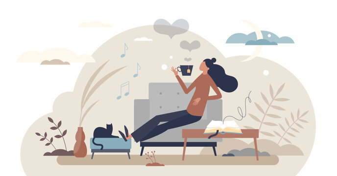 Self-care routine serenity as a woman unwinds with tea, book, and cat, conveying peaceful me-time and cozy night calm at home, transparent background