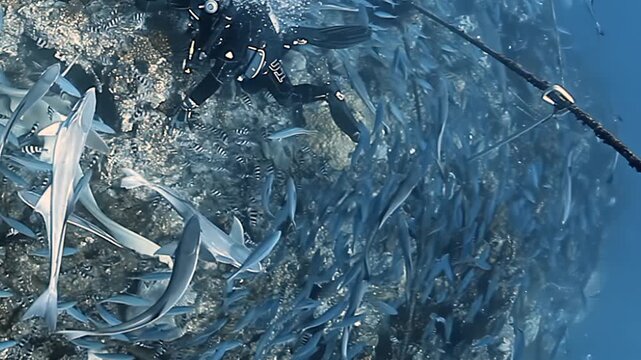 An incredible underwater journey in Fiji unveils a diver gracefully immersed with gentle nurse sharks and many remora fish.