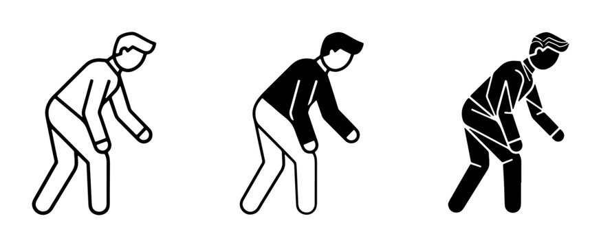 Man Bending Over Icon Set, Person Stooping Silhouette, Human Figure Gesture Vector Graphics