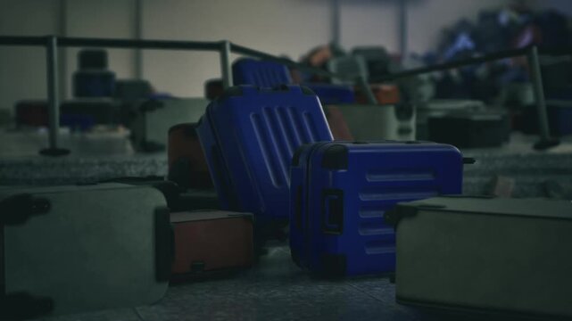 Blue suitcase lies among scattered luggage, bright shell with stickers, scuffed handle and wheels, claim area perspective, tactile details, commuter narrative,