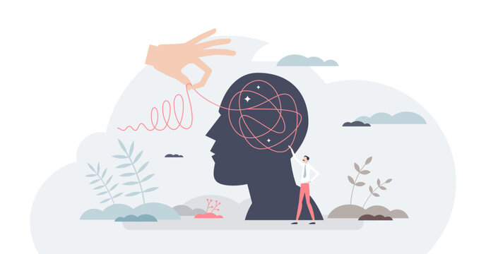 Mental health counseling visual shows a hand untangling a red thread inside a head silhouette, symbolizing guidance, clarity, and therapy support, transparent background