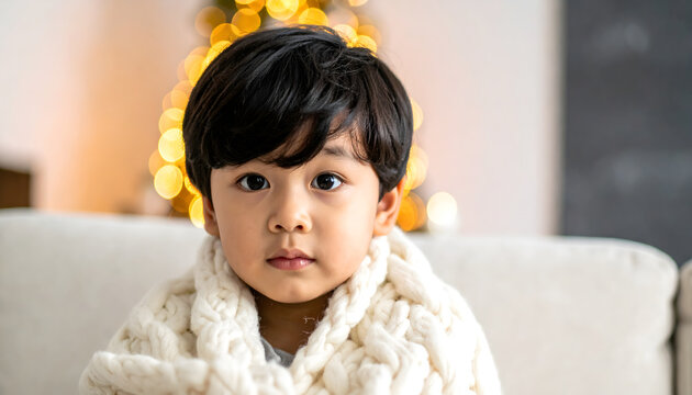 Small child sitting hidden under thick knitted blanket on sofa creating tender protective mood generative AI
