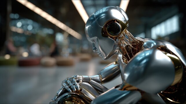 AI Robot in Contemplation: A futuristic chrome robot with intricate mechanical details sits in a thoughtful pose, reflecting on its existence amidst a modern, high-tech environment.