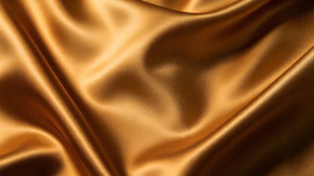 Abstract grainy background with luxurious flowing fabric waves in golden brown amber and yellow silk satin texture colors for premium design backdrops.