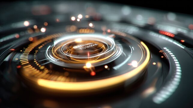 Futuristic Interface: A close-up of a glowing, circular technological interface with intricate digital patterns and animated lights, suggesting advanced data processing and futuristic technology.