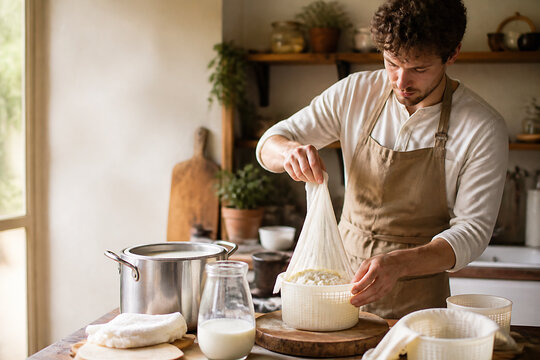 A man is straining a white liquid into a bowl in a rustic kitchen setting.