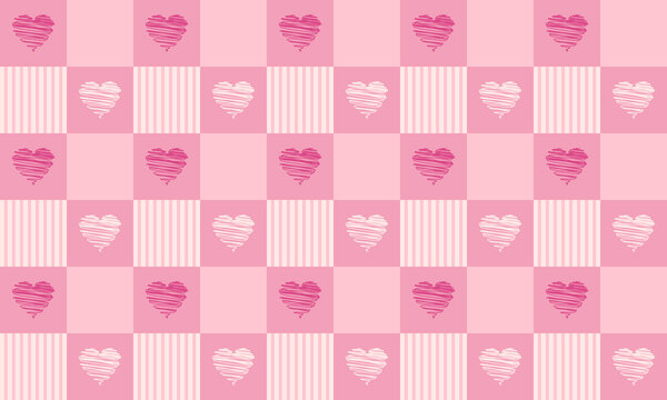 Whimsical pink gingham check pattern with sketchy hearts, seamless cute Valentine day background