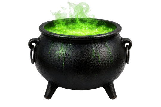 Iron cauldron with boiling green potion and magical smoke isolated on transparent background graphic.