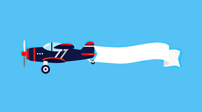 Aircraft towing white ribbon banner against bright blue sky.