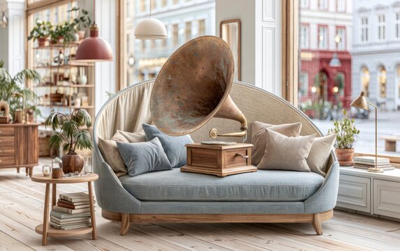 Vintage gramophone on stylish blue sofa in bright cozy living room